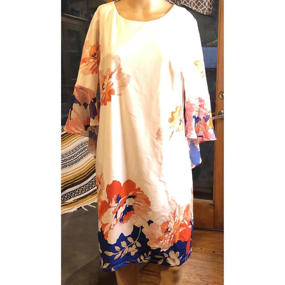 Est 1946 Multicolor Floral Bell Sleeves Knee Length Shift Dress Medium